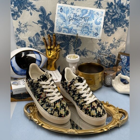 🆕 KURT GEIGER LONDON 🧿 NWOB Laney Eye Gold Rainbow Tweed Sneaker, Sz 37 US 7 - Picture 2 of 14